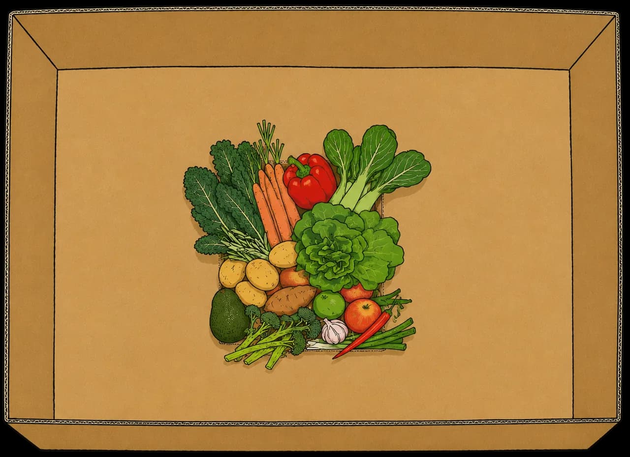 An open cardboard box with a small pile of fresh vegetables in the center.