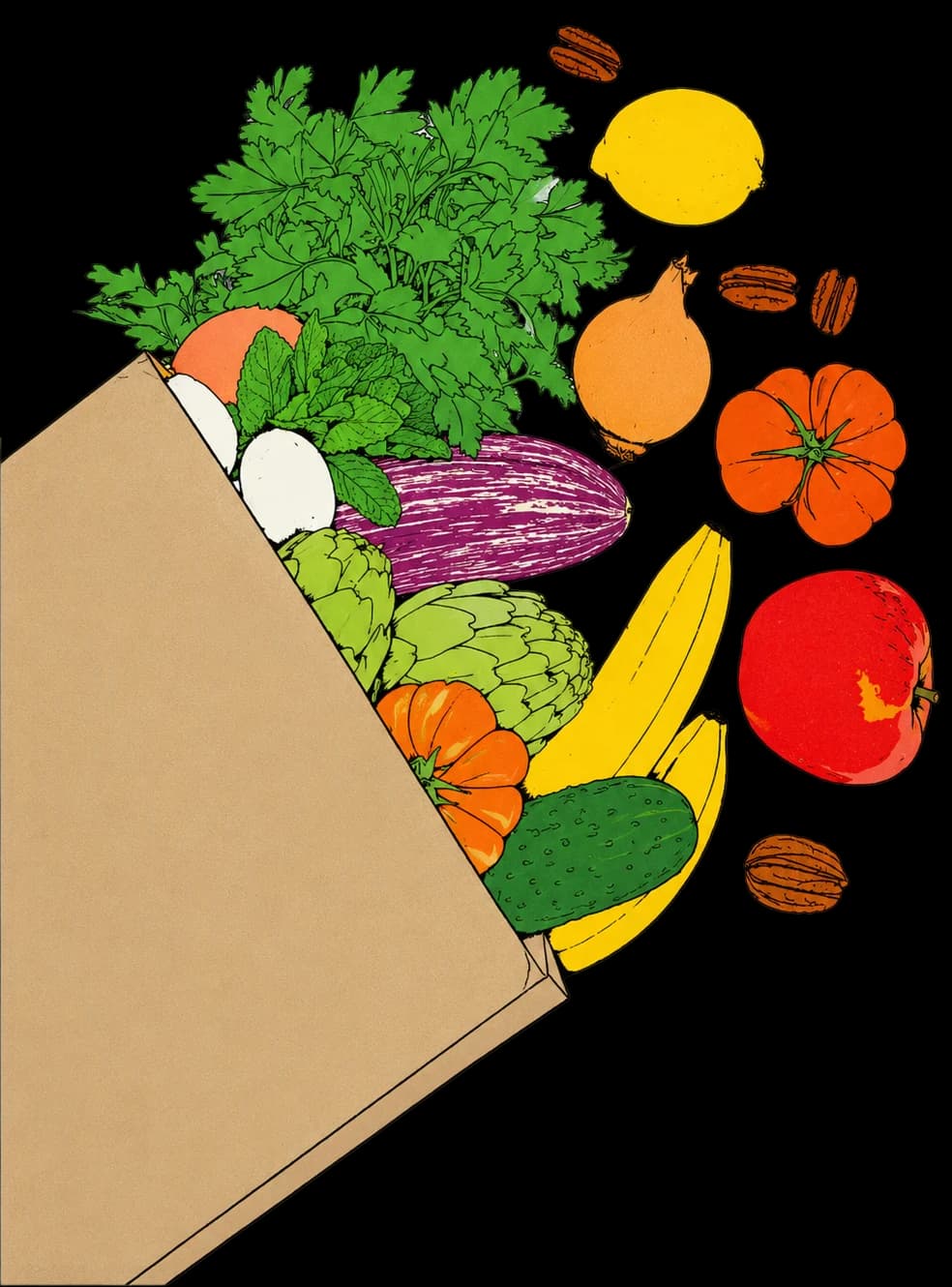 Illustrated grocery bag with fruits and vegetables